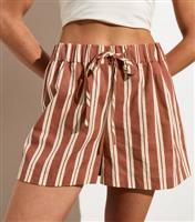 Women's Brown Stripe Drawstring Cotton Shorts New Look