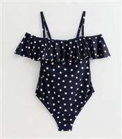 Women's Maternity Navy Spot Frill Bardot Swimsuit New Look
