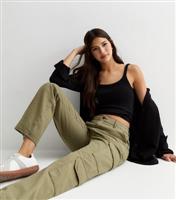 Women's Khaki Denim Straight Leg Cargo Trousers New Look