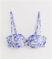 Women's Blue Underwired Sun Print Balconette Bikini Top New Look