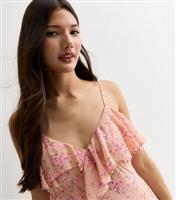Women's Pink Floral Chiffon Strappy Ruffle Midi Dress New Look