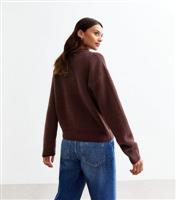 Women's Burgundy Ribbed Crew Neck Cardigan New Look