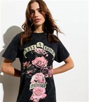 Women's Grey Cotton Guns N Roses Print Acid Wash T-Shirt Dress New Look