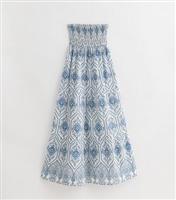 Women's Blue Cotton Shirred Tile-Print Bandeau Maxi Dress New Look