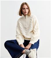 Women's Cream Cable Knit Half Zip Jumper New Look