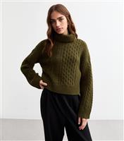 Women's Khaki Cable Knit Roll Neck Jumper New Look