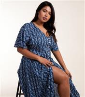 Women's Plus Size Navy Abstract Print Maxi Dress Curves Blue Vanilla New Look