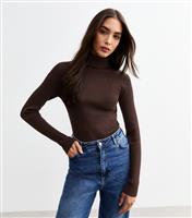 Women's Dark Brown Ribbed Knit Long Sleeve Jumper New Look