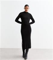 Women's Black Rib Knit High Neck Midi Dress New Look