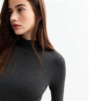 Women's Dark Grey Rib Knit High Neck Midi Dress New Look