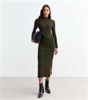 Women's Khaki Rib Knit High Neck Midi Dress New Look