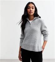 Women's Grey Ribbed Half Zip Knit Jumper New Look