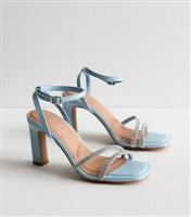 Women's Blue Embellished Block Stiletto Heel Sandals Vegan New Look
