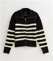 Women's Petite Black Striped Wide Collar Zip Cardigan New Look