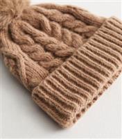 Camel Faux-Fur Pom Pom Bobble Hat New Look