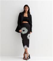 Women's Black Daisy Print Mesh Midi Skirt New Look