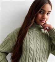 Girls' Olive Cable Knit Roll Neck Jumper New Look