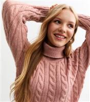 Girls' Pink Cable Knit Roll Neck Jumper New Look