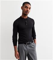 Men's Black Slim Fine Knit Long Sleeve Polo Top New Look