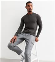 Men's Dark Grey Slim Fine Knit Long Sleeve Polo Top New Look