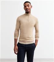 Men's Stone Slim Quarter Zip Lightweight Knit Jumper New Look