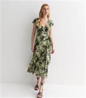 Women's Black Leaf Print Midi Wrap Dress Blue Vanilla New Look