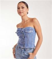 Women's Pale Blue Metallic Denim Corset Top Pink Vanilla New Look