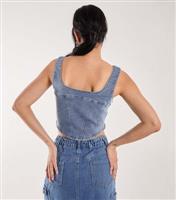 Women's Pale Blue Denim Crop Corset Top Pink Vanilla New Look
