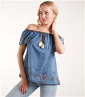 Women's Pale Blue Embroidered Bardot Top Blue Vanilla New Look