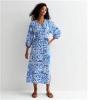 Women's Blue Tile Print Grandad Midi Shirt Dress New Look