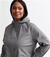 Women's Plus Size Grey Hooded Rain Coat Curves New Look