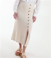 Women's Stone Linen Blend Button Front Midi Skirt Blue Vanilla New Look