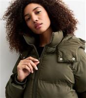 Women's Khaki Shower Resistant Hooded Longline Puffer Coat New Look