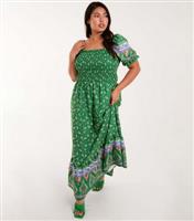 Women's Plus Size Green Floral Shirred Maxi Dress Curves Blue Vanilla New Look