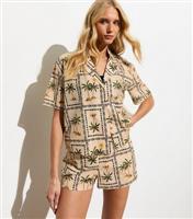 Women's Off White Cotton Palm Print Short Sleeve Resort Shirt New Look