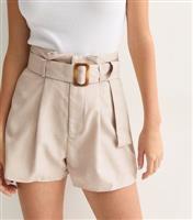 Women's Stone High-Waisted Belted Shorts Gini London New Look