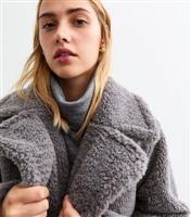 Women's Grey Oversized Fluffy Borg Longline Coat New Look