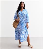 Women's Plus Size Blue Patterned Midi Shirt Dress Curves New Look