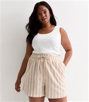 Women's Plus Size Camel Stripe Print Drawstring Runner Shorts Curves New Look