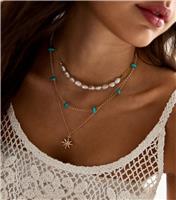 Gold Faux Pearl Layered Sun Pendant Necklace New Look