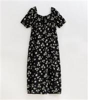 Women's Plus Size Black Daisy-Print Puff Sleeve Midi Dress Curves New Look