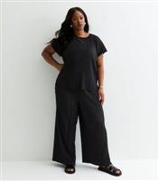 Women's Plus Size Black Pliss Wide Leg Trousers Curves New Look