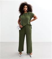 Women's Plus Size Khaki Pliss Wide Leg Trousers Curves New Look