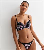 Women's Black Lace-Embroidered Trim Floral Print T-Shirt Bra New Look