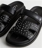 Women's Black Studded Leather-Look Chunky Sandals Vegan New Look