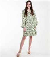 Women's Green Tile Print Belted Mini Shirt Dress Blue Vanilla New Look