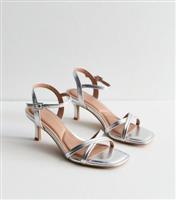 Women's Silver Leather-Look Open Square Toe Kitten Heel Sandals Vegan New Look