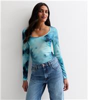 Women's Blue Tie Dye Print Ribbed Scoop Neck Bodysuit Pink Vanilla New Look