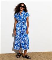 Women's Petite Blue Leaf Print Shirt Midi Dress New Look