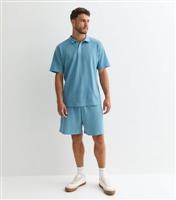 Men's Blue Grid-Textured Drawstring Jersey Shorts New Look